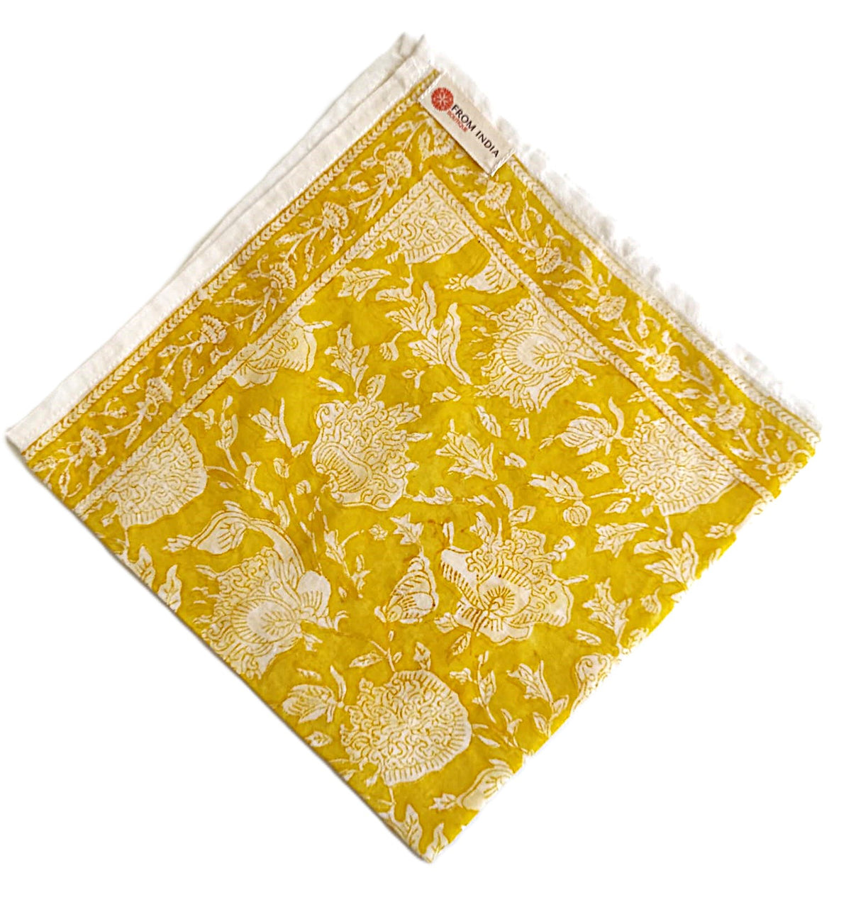 Bandana carré Cochin 50x50 cm en coton Block Print, motif floral jaune moutarde et écru avec bordure décorative, From India Boutique.