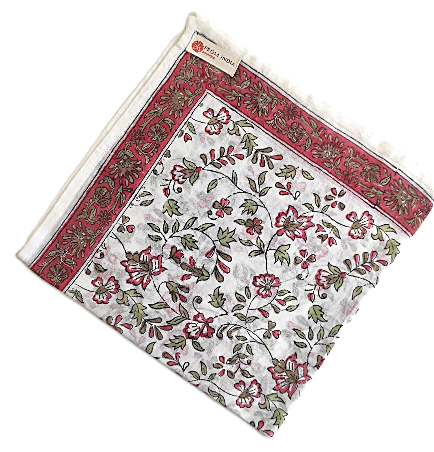 Bandana carré Kolkata 50x50 cm en coton Block Print, motif floral rose, vert et taupe sur fond écru avec bordure rose décorative, From India Boutique.