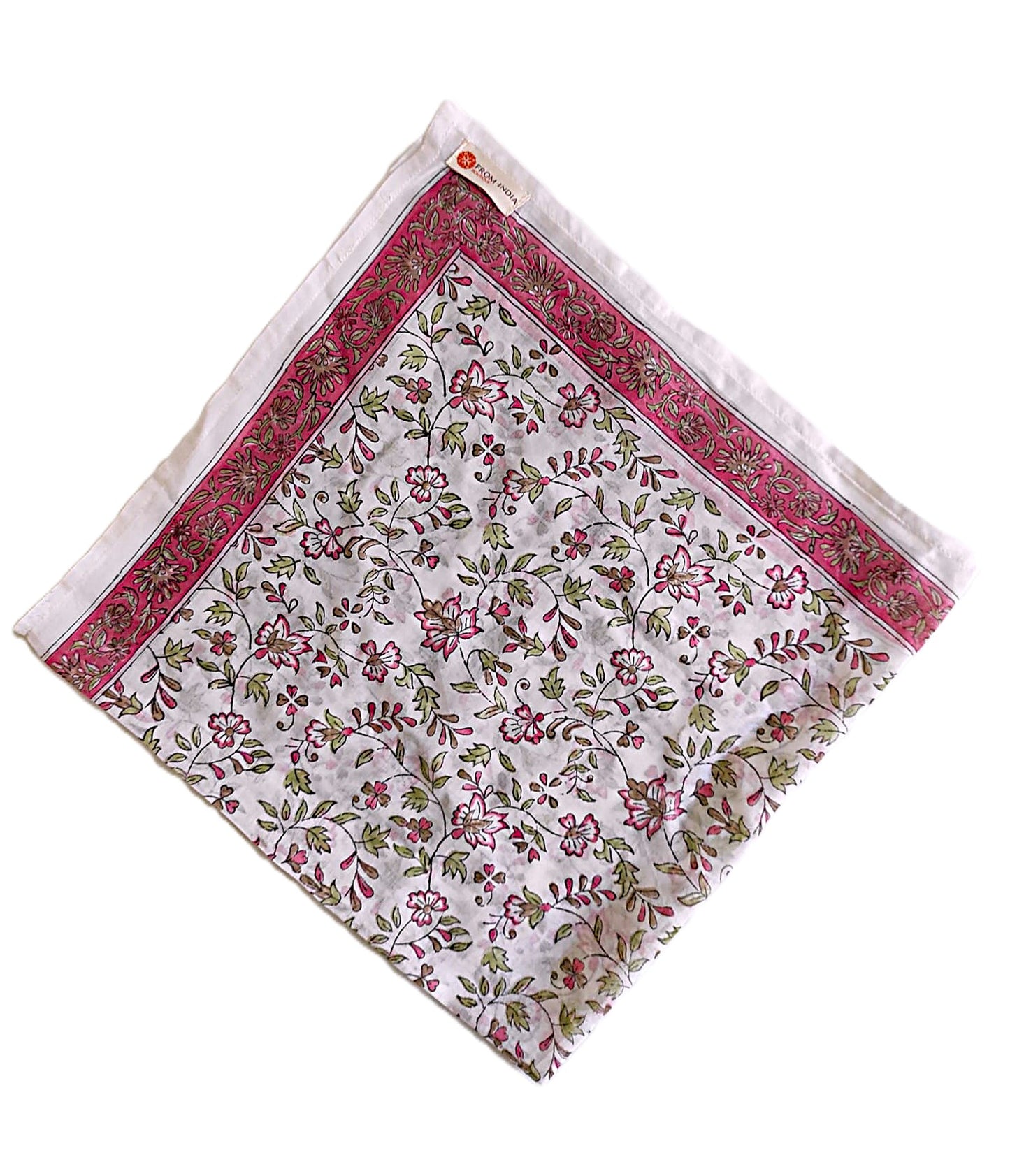 Cheich Chennai 75x75 cm en voile de coton blanc avec motifs floraux roses et verts, bordure rose, impression artisanale Block Print.