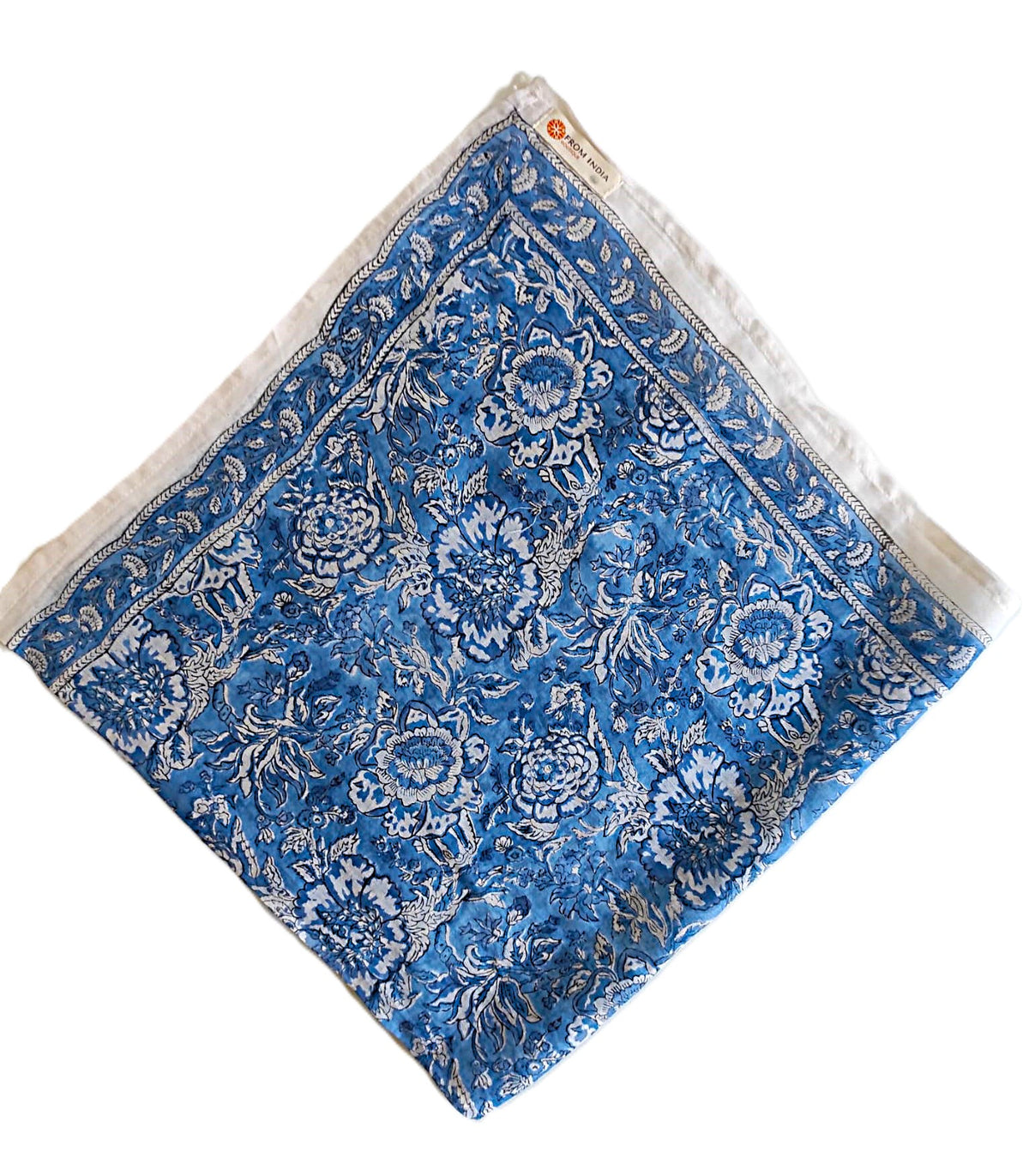 Cheich Nagpur 75x75 cm en voile de coton bleu avec motifs floraux blancs et bleu foncé, bordure imprimée artisanale Block Print.