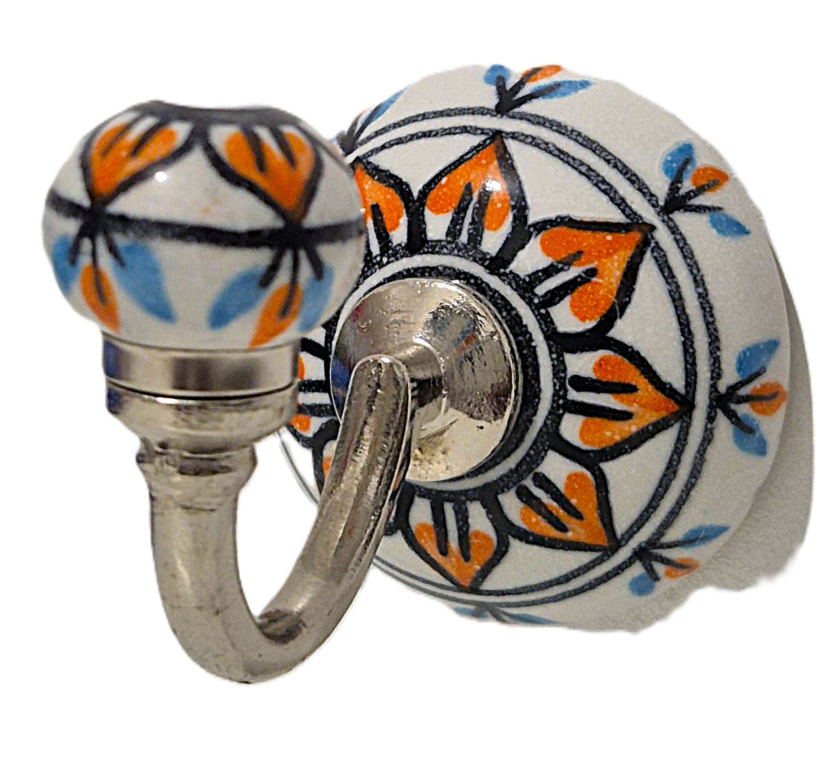Patère Murale Ronde en Céramique Peinte à la Main – Artisanat du Rajasthan (Ø 6 cm, L 8,5 cm)