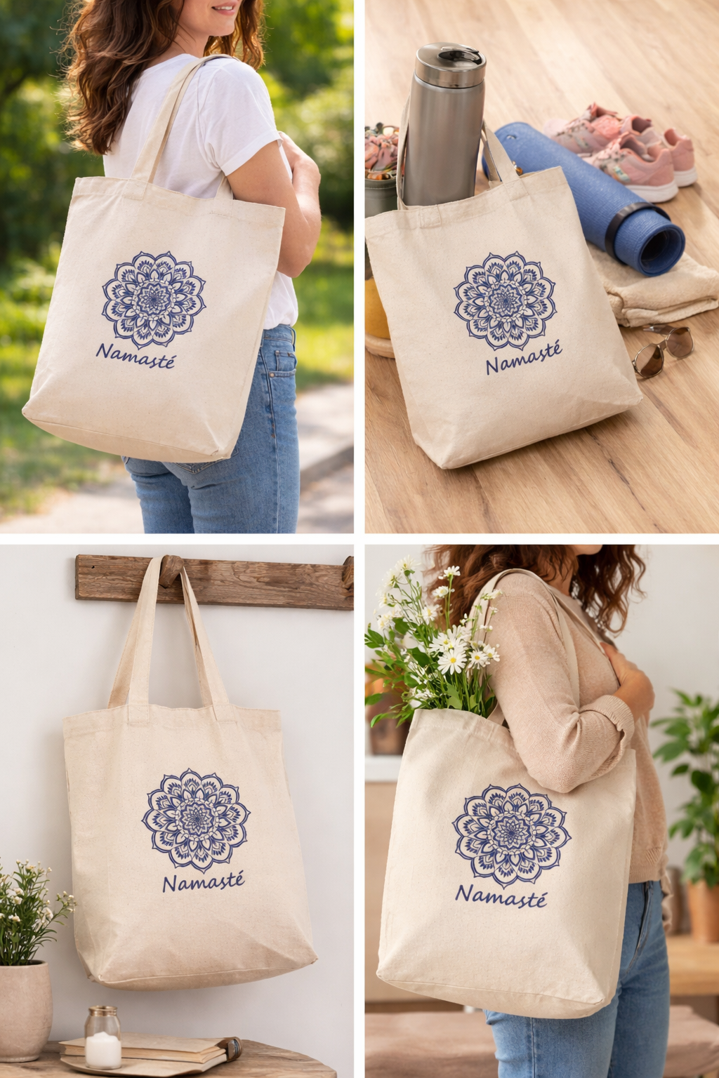 Tote bag Namasté en coton canvas naturel écru avec motif mandala bleu, dimensions 35 x 40 x 15 cm, provenance Kolkata Inde.