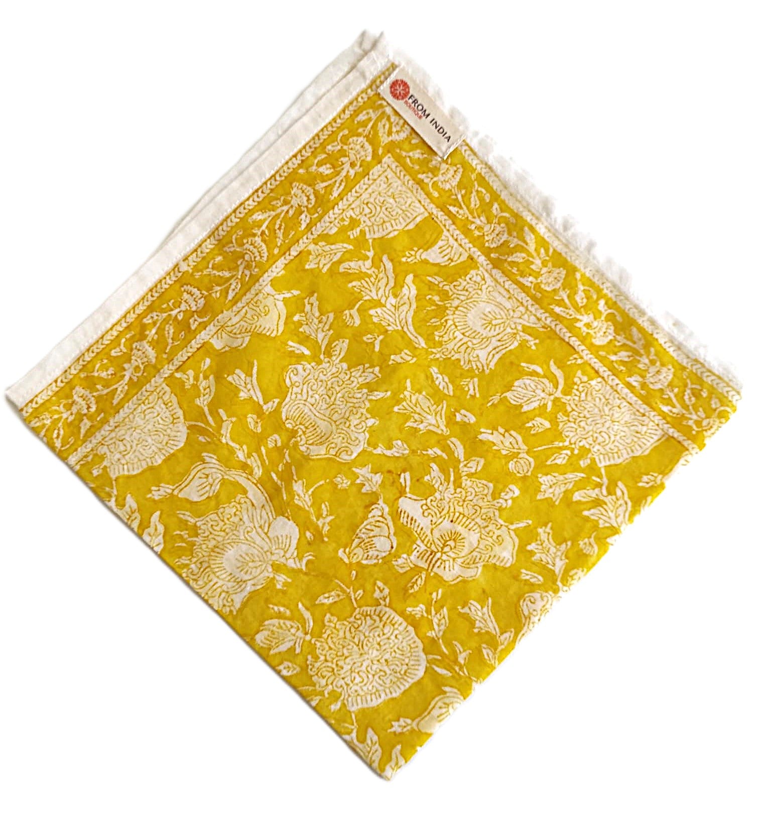 Bandana carré Cochin 50x50 cm en coton Block Print, motif floral jaune moutarde et écru avec bordure décorative, From India Boutique.
