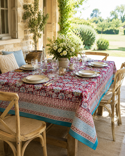 Nappe rectangulaire 6 places en coton Block Print indien rouge bordeaux, turquoise et écru, avec motifs floraux et bordure décorative.