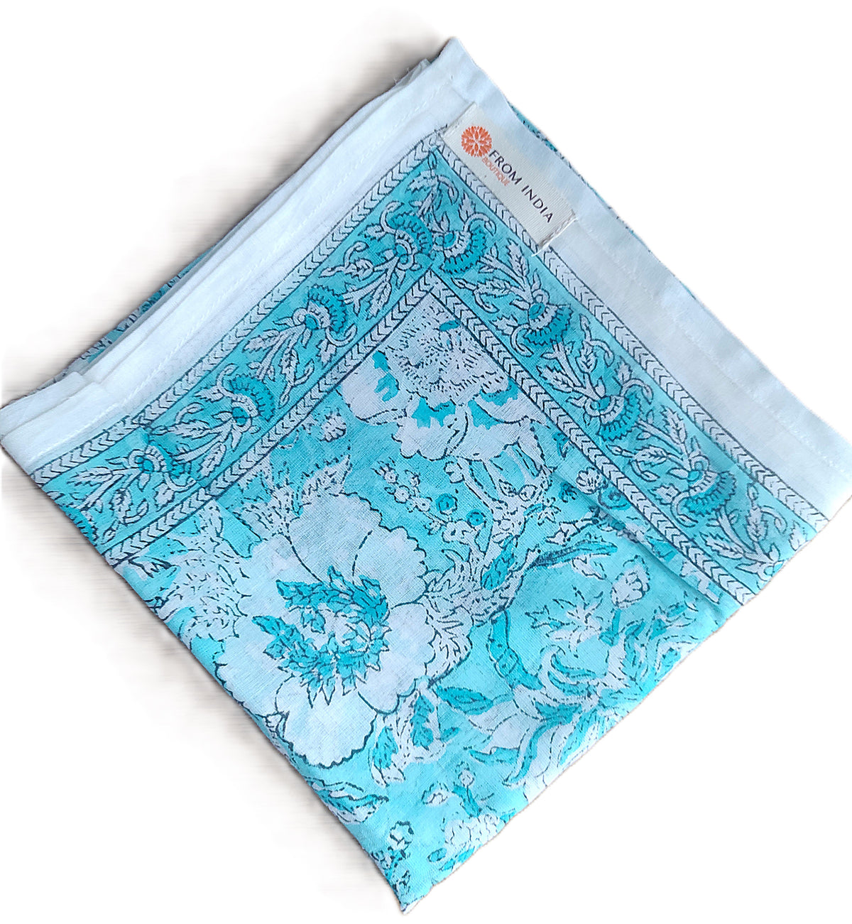 Cheich Panjim 75x75 cm en voile de coton turquoise avec motifs floraux blancs et bleus, bordure imprimée artisanale Block Print.