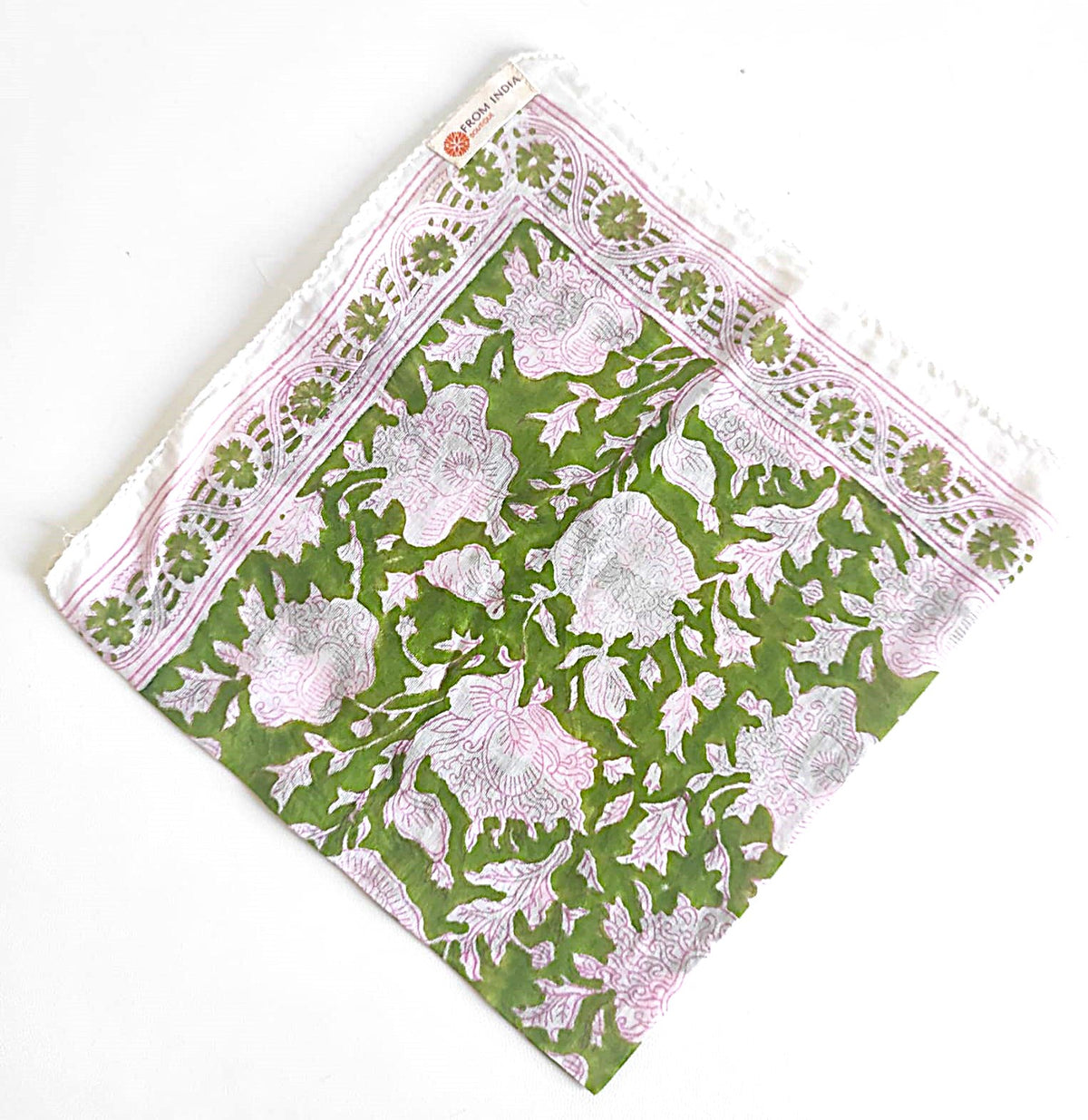Bandana carré Jaipur 50x50 cm en coton Block Print, motif floral vert et rose poudré avec bordure décorative, From India Boutique.