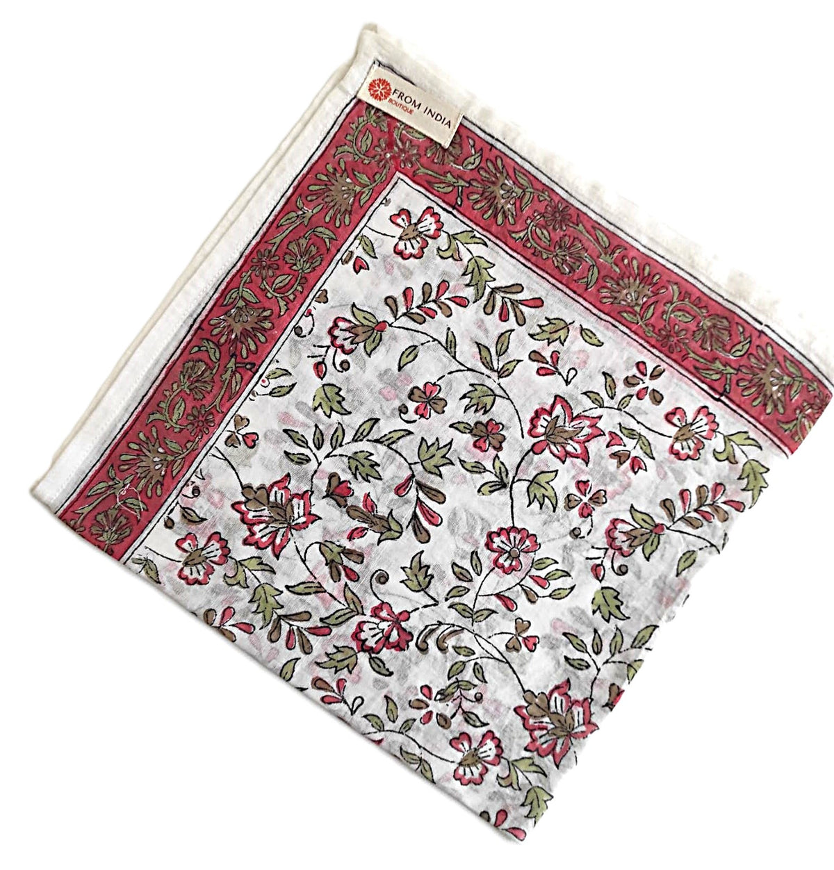 Bandana carré Kolkata 50x50 cm en coton Block Print, motif floral rose, vert et taupe sur fond écru avec bordure rose décorative, From India Boutique.