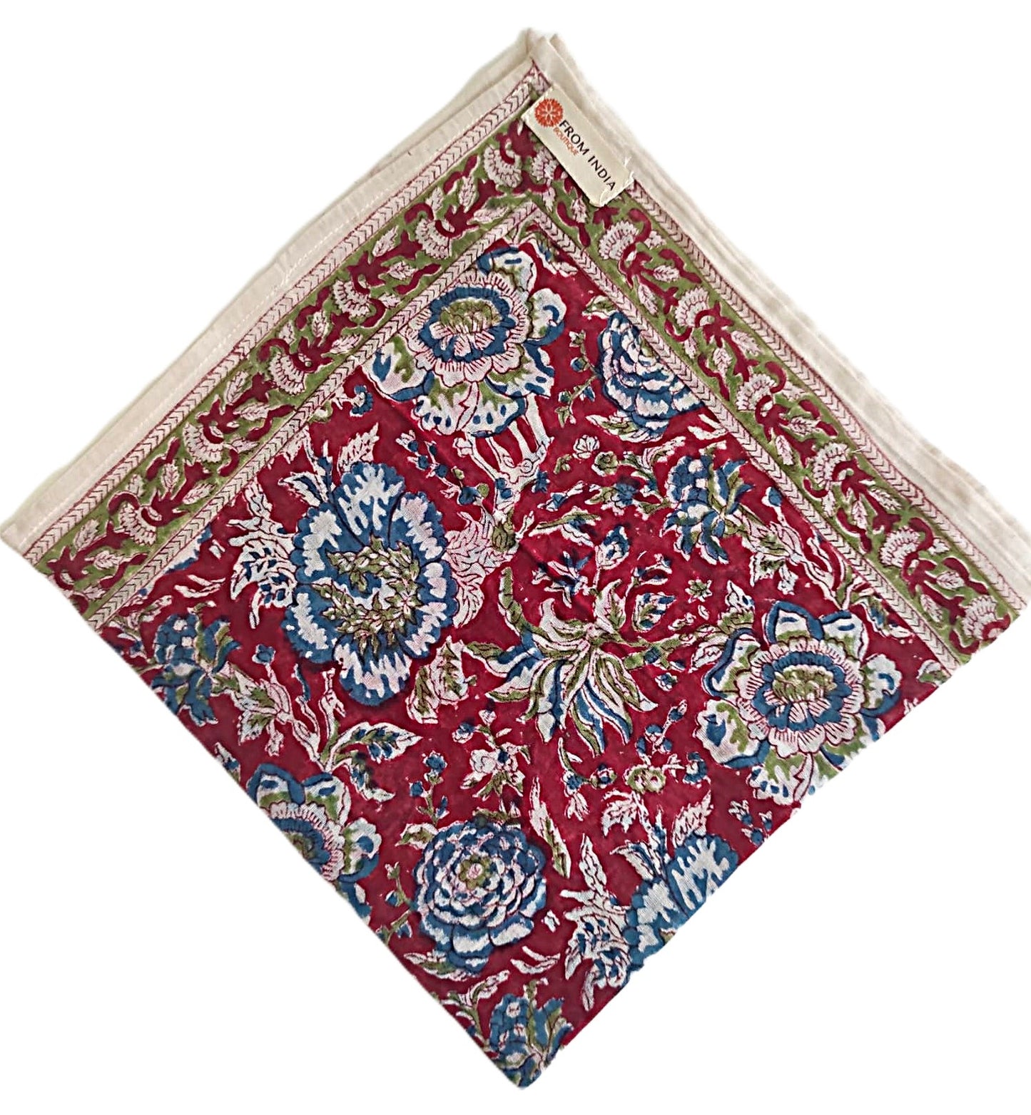 Bandana carré Mangalore 50x50 cm en coton Block Print, motif floral bleu, vert et écru sur fond bordeaux avec bordure décorative, From India Boutique