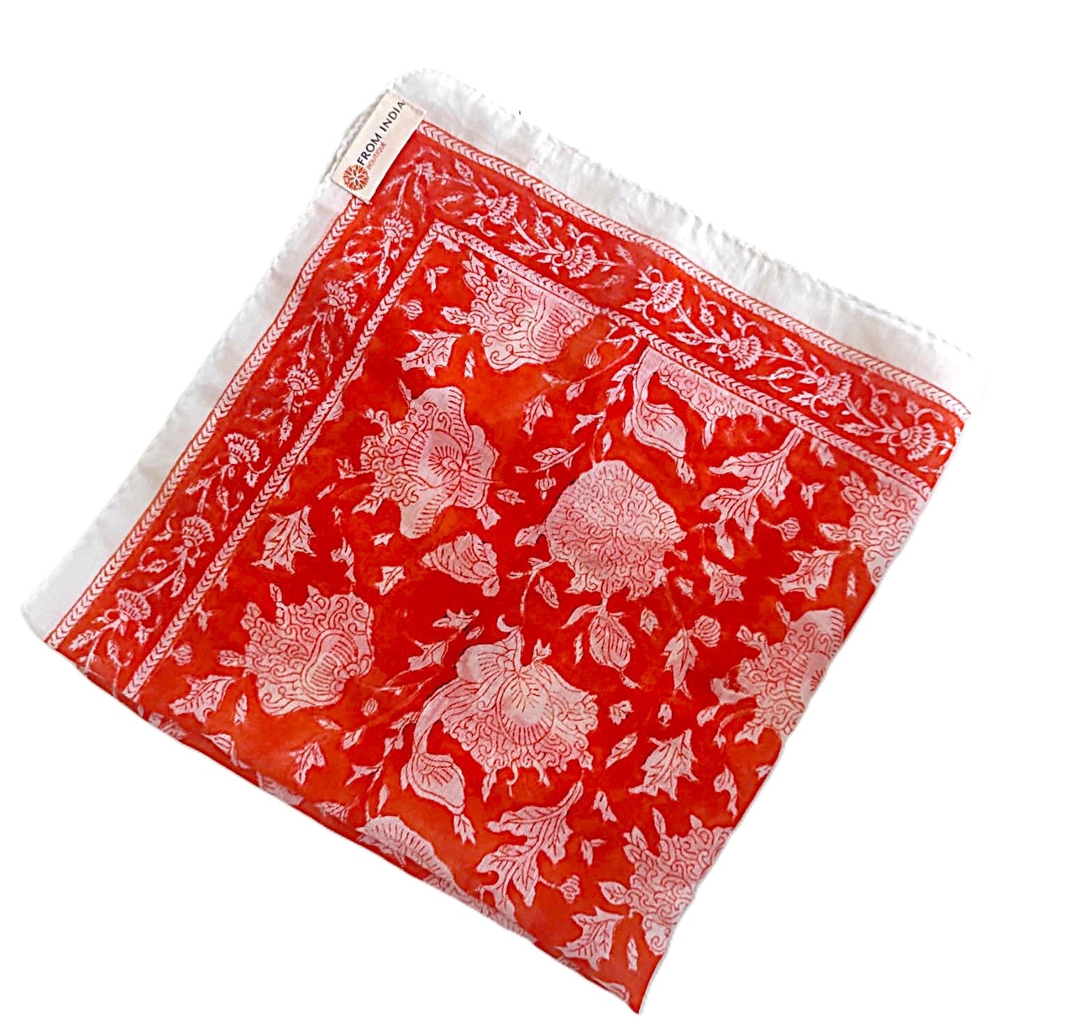 Bandana carré Mumbai 50x50 cm en coton Block Print, motif floral rouge corail et écru avec bordure décorative, From India Boutique.