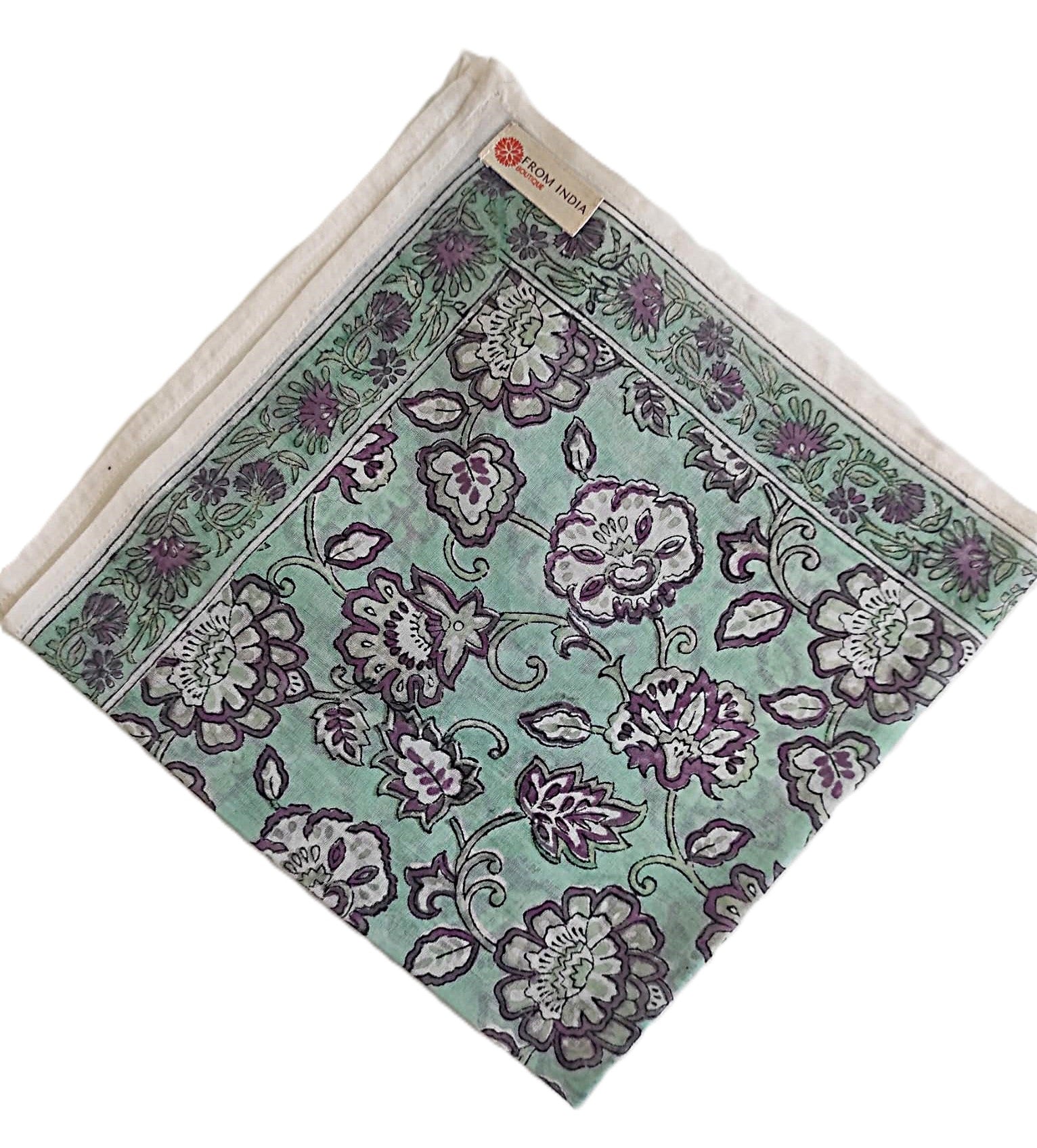 Bandana carré Mysore 50x50 cm en coton Block Print, motif floral violet, gris et écru sur fond vert d’eau avec bordure décorative, From India Boutique.