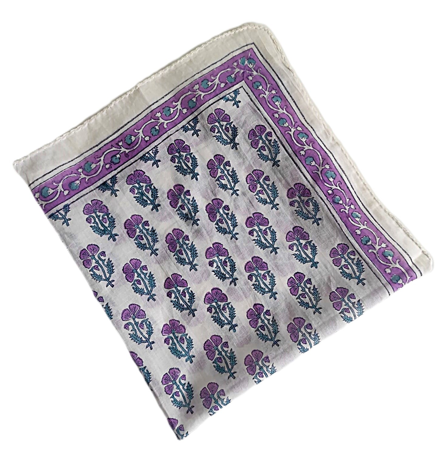 Cheich Manali 75x75 cm – Foulard en voile de coton Block Print écru et violet