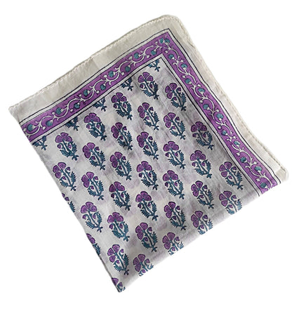 Cheich Manali 75x75 cm – Foulard en voile de coton Block Print écru et violet