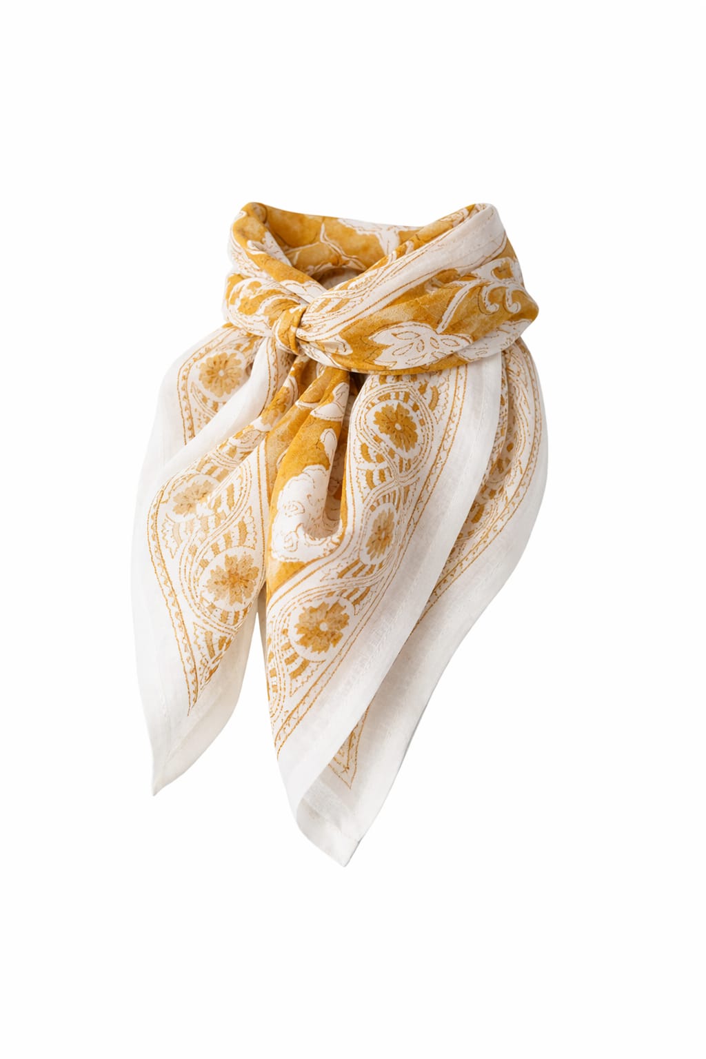Cheich Hampi 75x75 cm en voile de coton ocre avec grands motifs floraux blancs, bordure imprimée et impression artisanale Block Print.