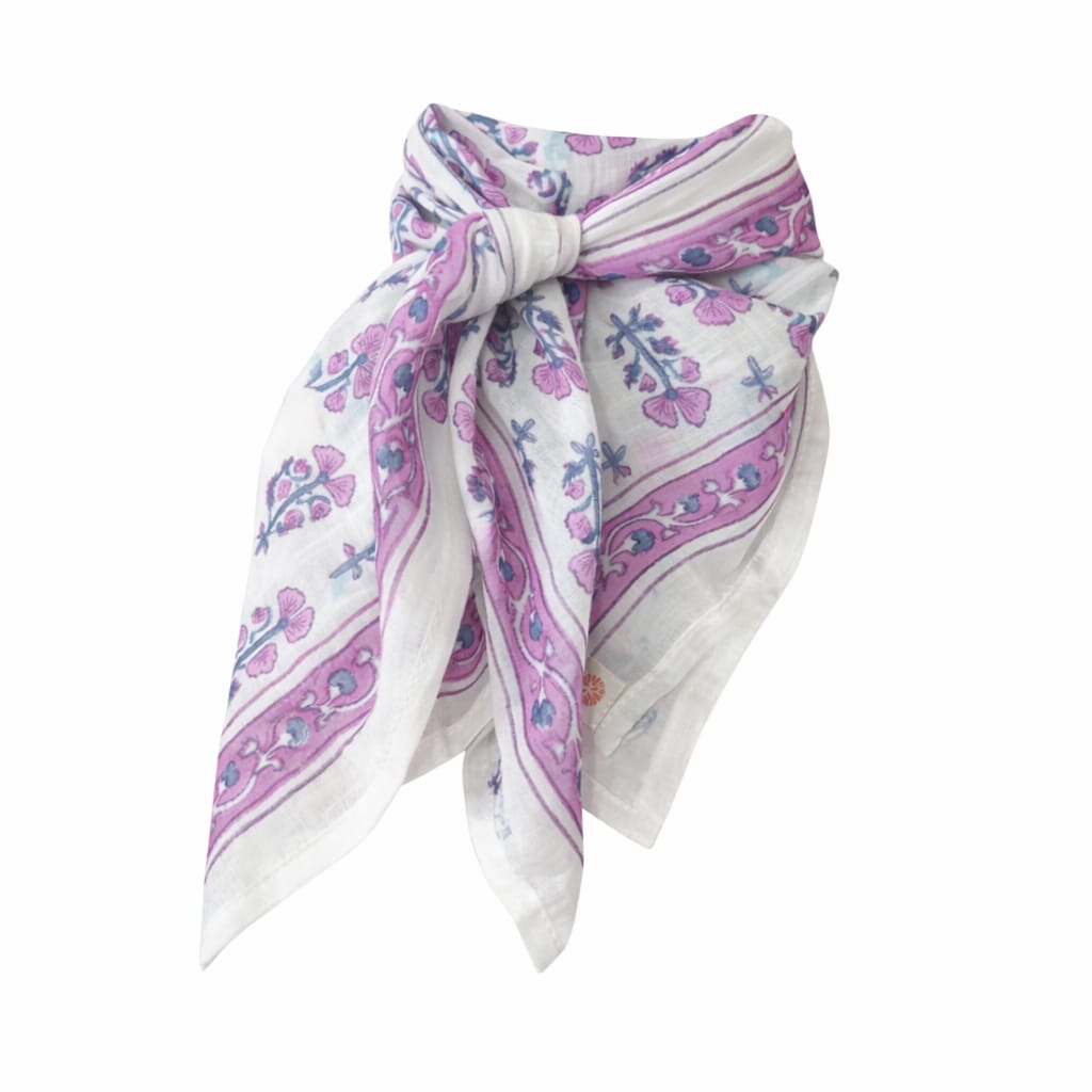 Cheich Manali 75x75 cm – Foulard en voile de coton Block Print écru et violet