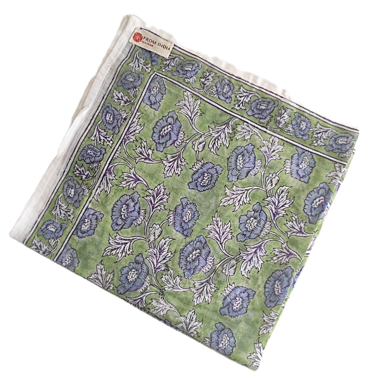 Bandana carré Bangalore 50x50 cm en coton Block Print, motif floral bleu grisé sur fond vert d’eau avec bordure assortie, From India Boutique.