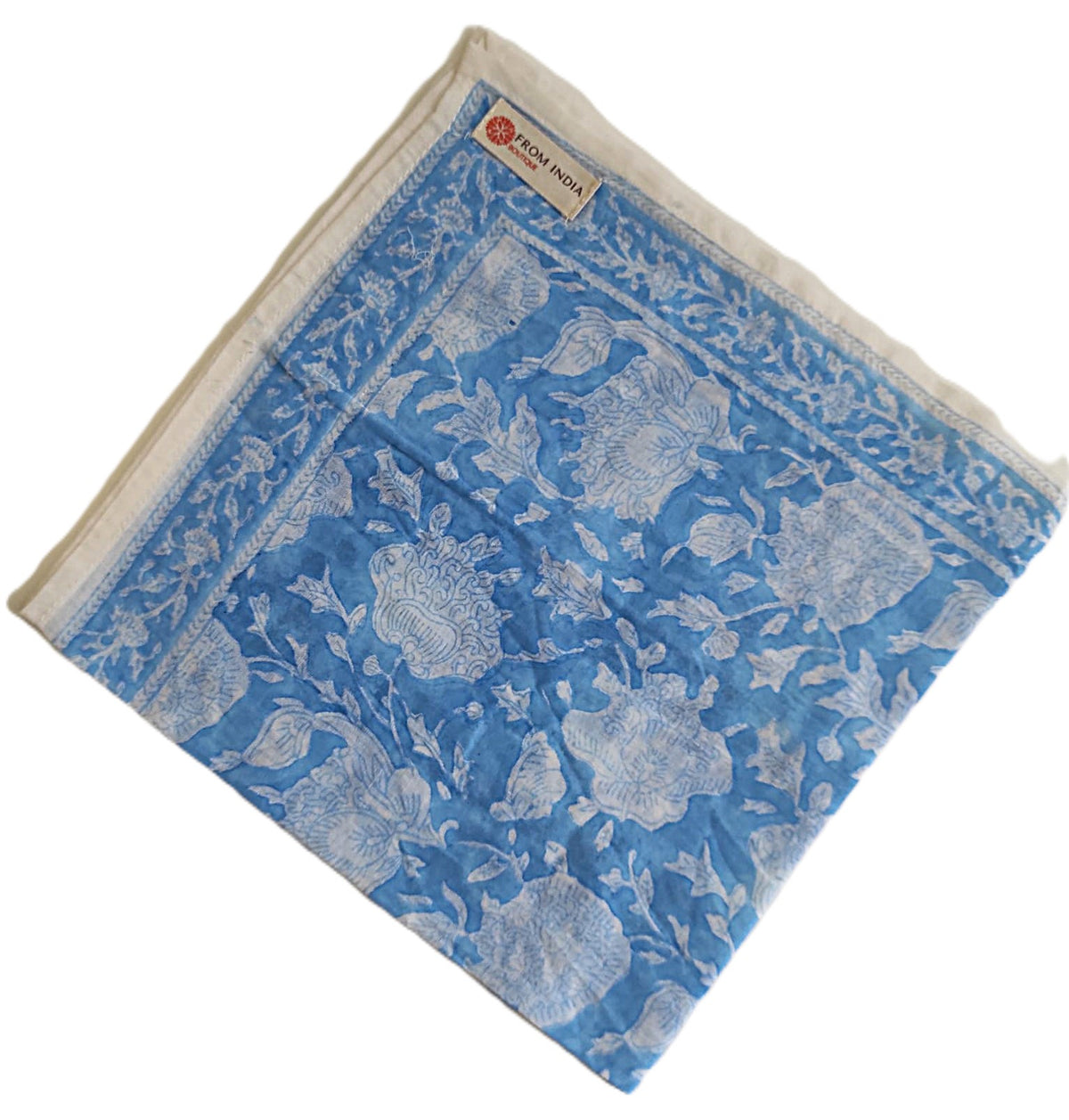 Bandana carré Goa 50x50 cm en coton Block Print, motif floral écru sur fond bleu avec bordure décorative assortie, From India Boutique.