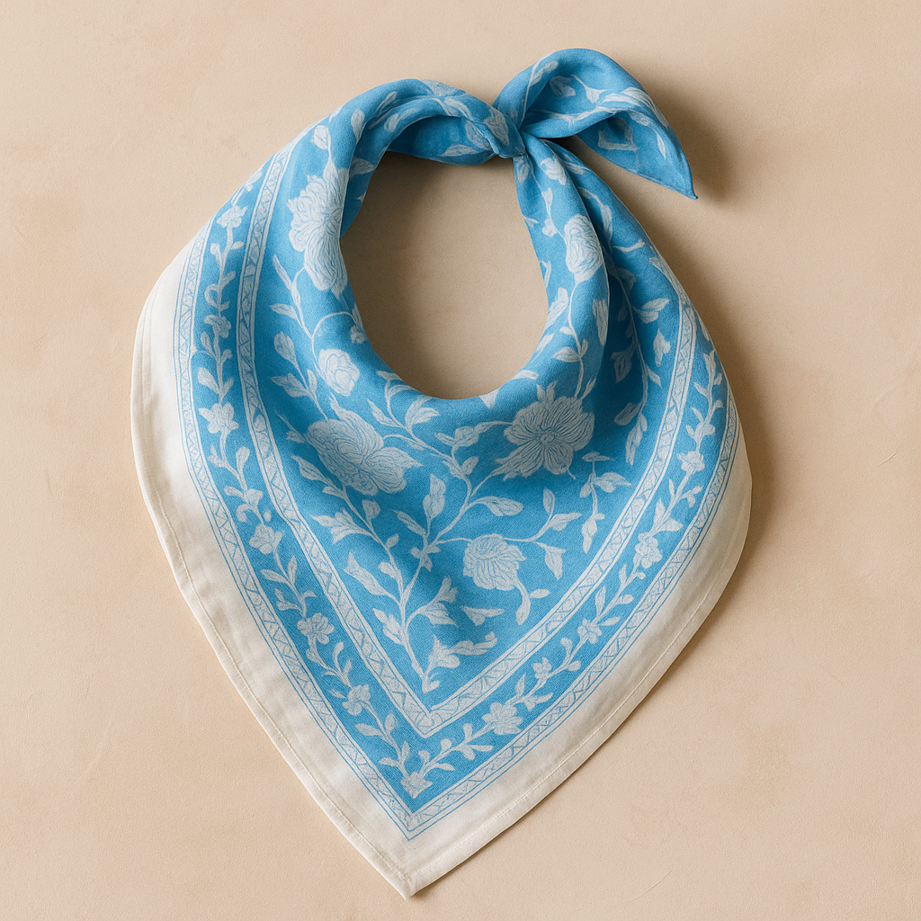 Bandana carré Goa 50x50 cm en coton Block Print, motif floral écru sur fond bleu avec bordure décorative assortie, From India Boutique.