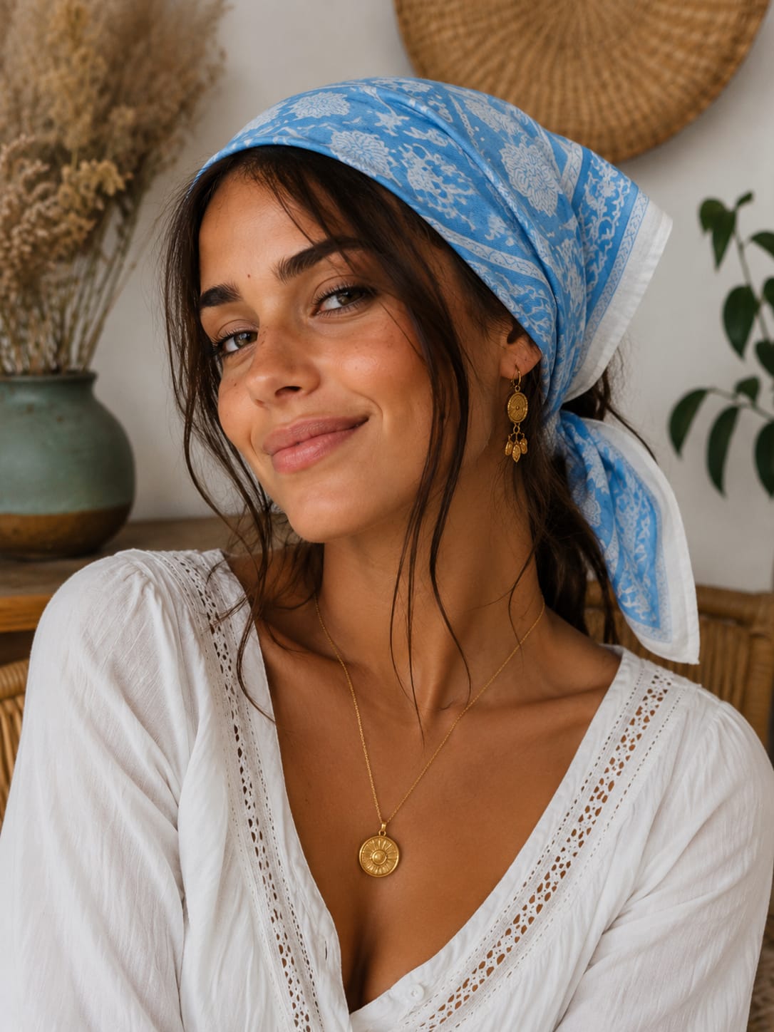 Bandana carré Goa 50x50 cm en coton Block Print, motif floral écru sur fond bleu avec bordure décorative assortie, From India Boutique.