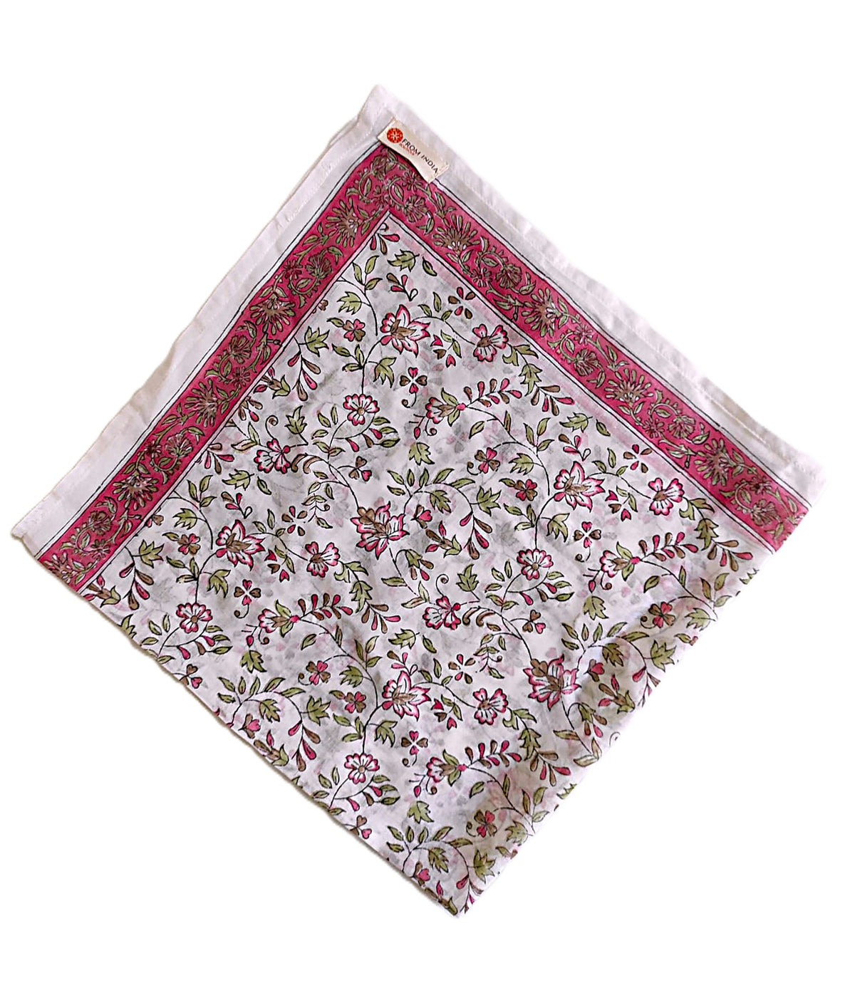 Cheich Chennai 75x75 cm en voile de coton blanc avec motifs floraux roses et verts, bordure rose, impression artisanale Block Print.