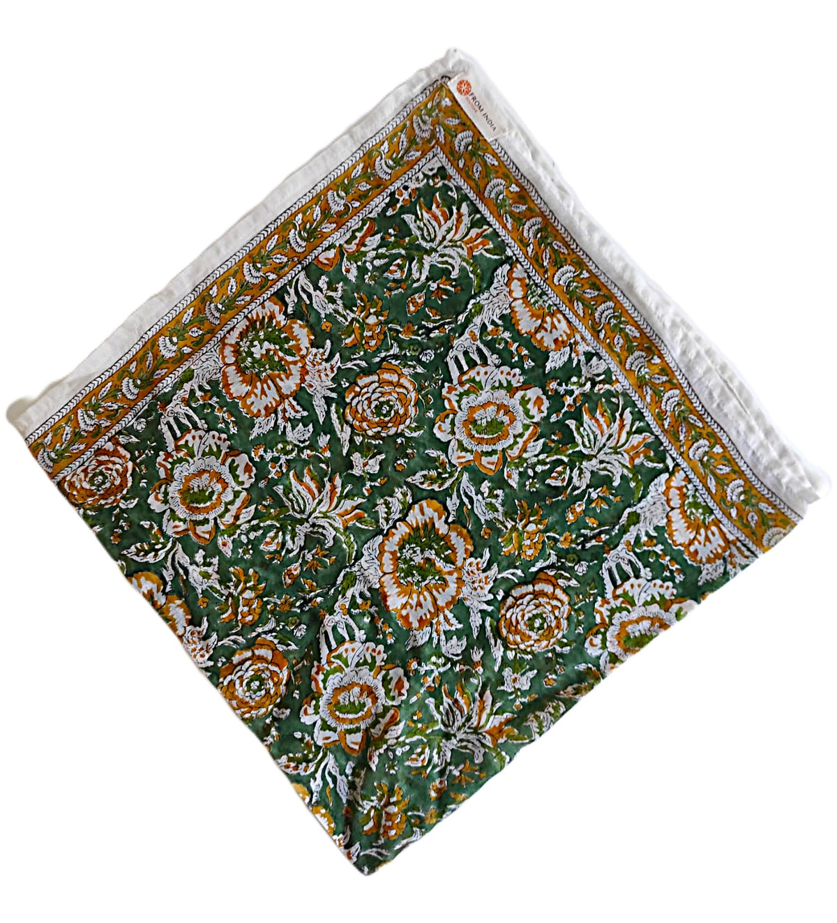 Cheich Ranchi 75x75 cm en voile de coton vert avec motifs floraux blancs et ocre, imprimé artisanal Block Print.