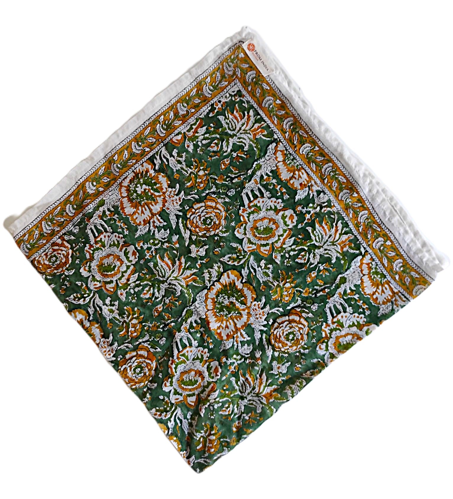 Cheich Ranchi 75x75 cm en voile de coton vert avec motifs floraux blancs et ocre, imprimé artisanal Block Print.