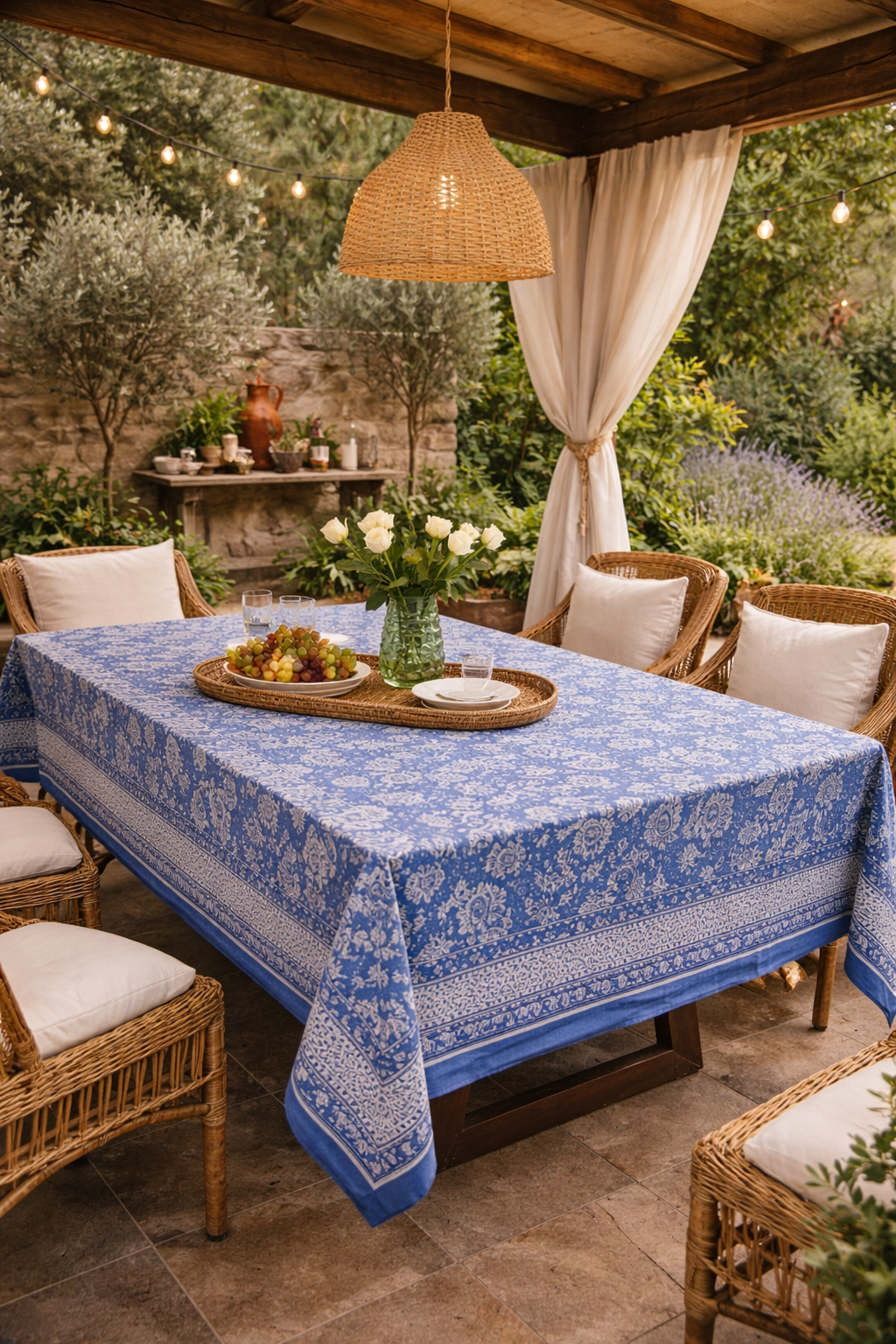 Nappe rectangulaire 6 places en coton Block Print indien bleu et écru, motifs floraux et cachemire, présentée pliée et dressée sur une table extérieure.
