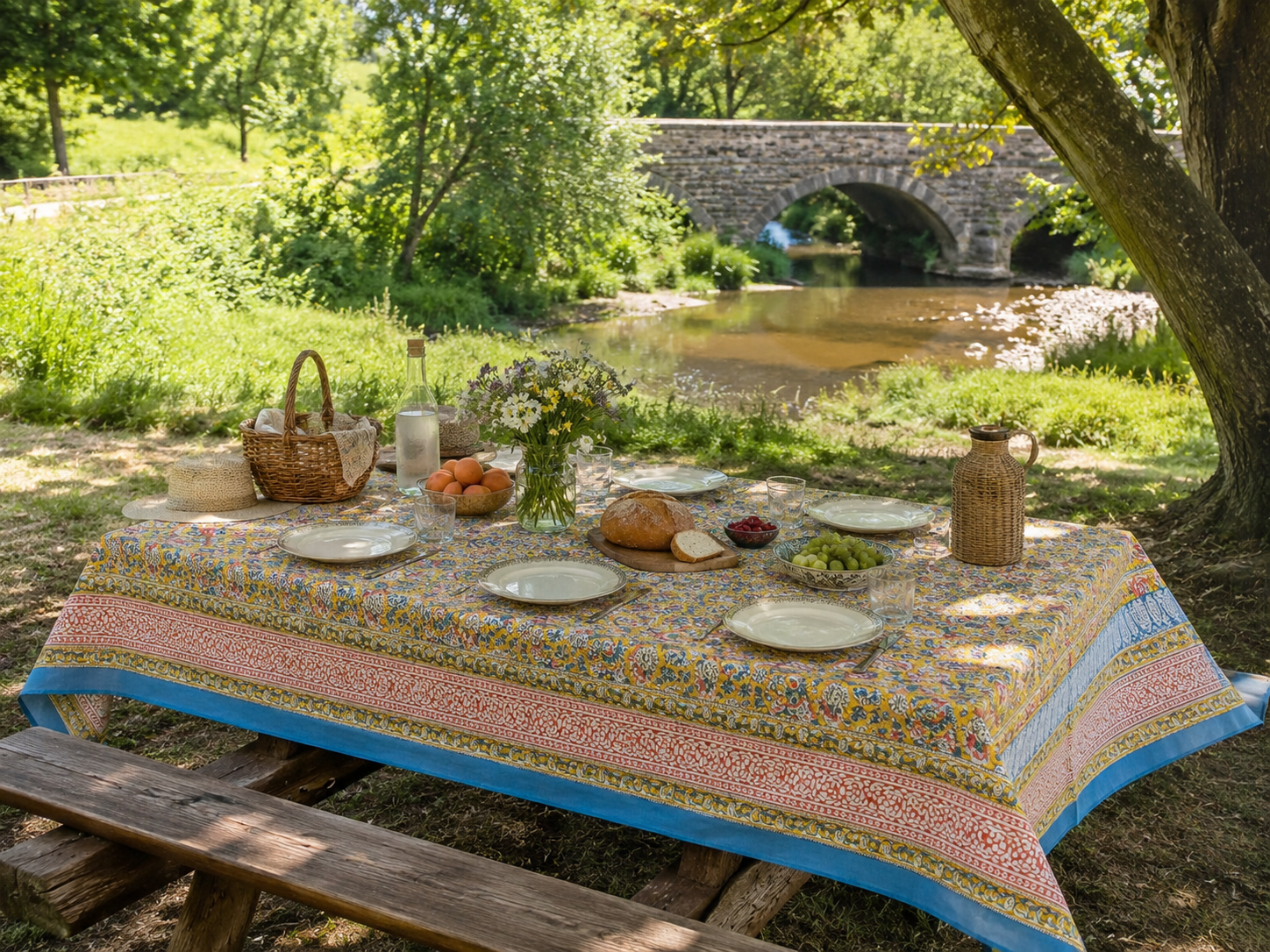 Nappe rectangulaire 6 places en coton Block Print indien moutarde, bleu clair et terracotta, avec motifs floraux et bordure décorative.
