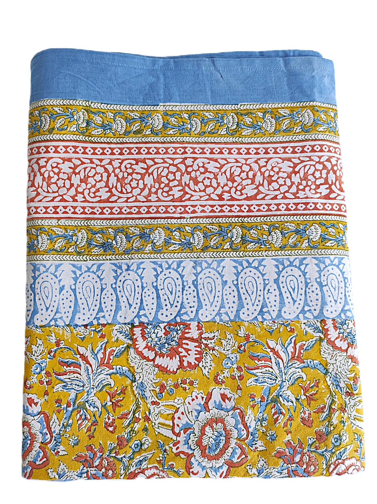 Nappe rectangulaire 6 places en coton Block Print indien moutarde, bleu clair et terracotta, avec motifs floraux et bordure décorative.