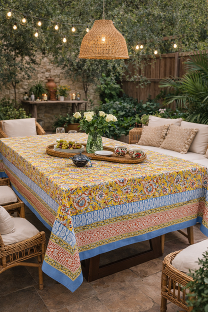 Nappe rectangulaire 6 places en coton Block Print indien moutarde, bleu clair et terracotta, avec motifs floraux et bordure décorative.