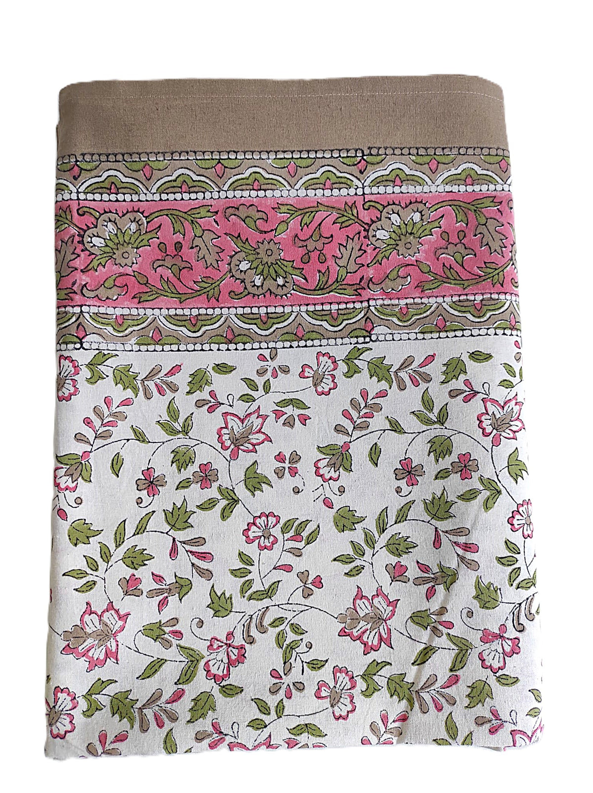 Nappe rectangulaire 6 places en coton Block Print indien écru, rose et kaki, avec motifs floraux et bordure décorative beige.