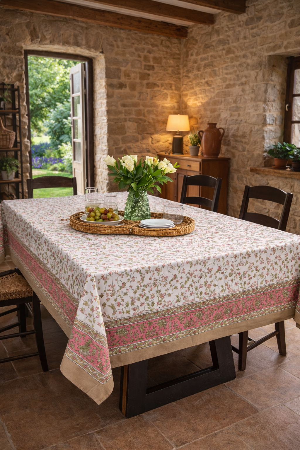 Nappe rectangulaire 6 places en coton Block Print indien écru, rose et kaki, avec motifs floraux et bordure décorative beige.