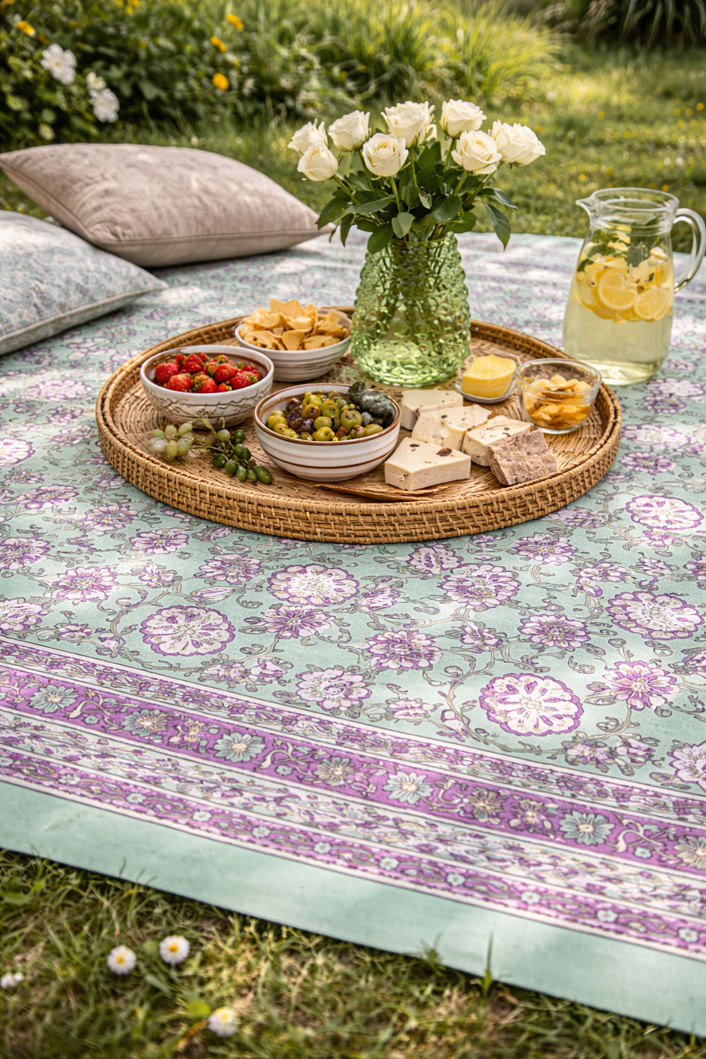 Nappe rectangulaire 6 places en coton Block Print indien vert d’eau, violet et écru, avec motifs floraux et bordure décorative.