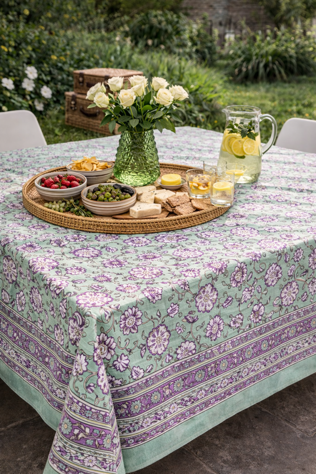 Nappe rectangulaire 6 places en coton Block Print indien vert d’eau, violet et écru, avec motifs floraux et bordure décorative.