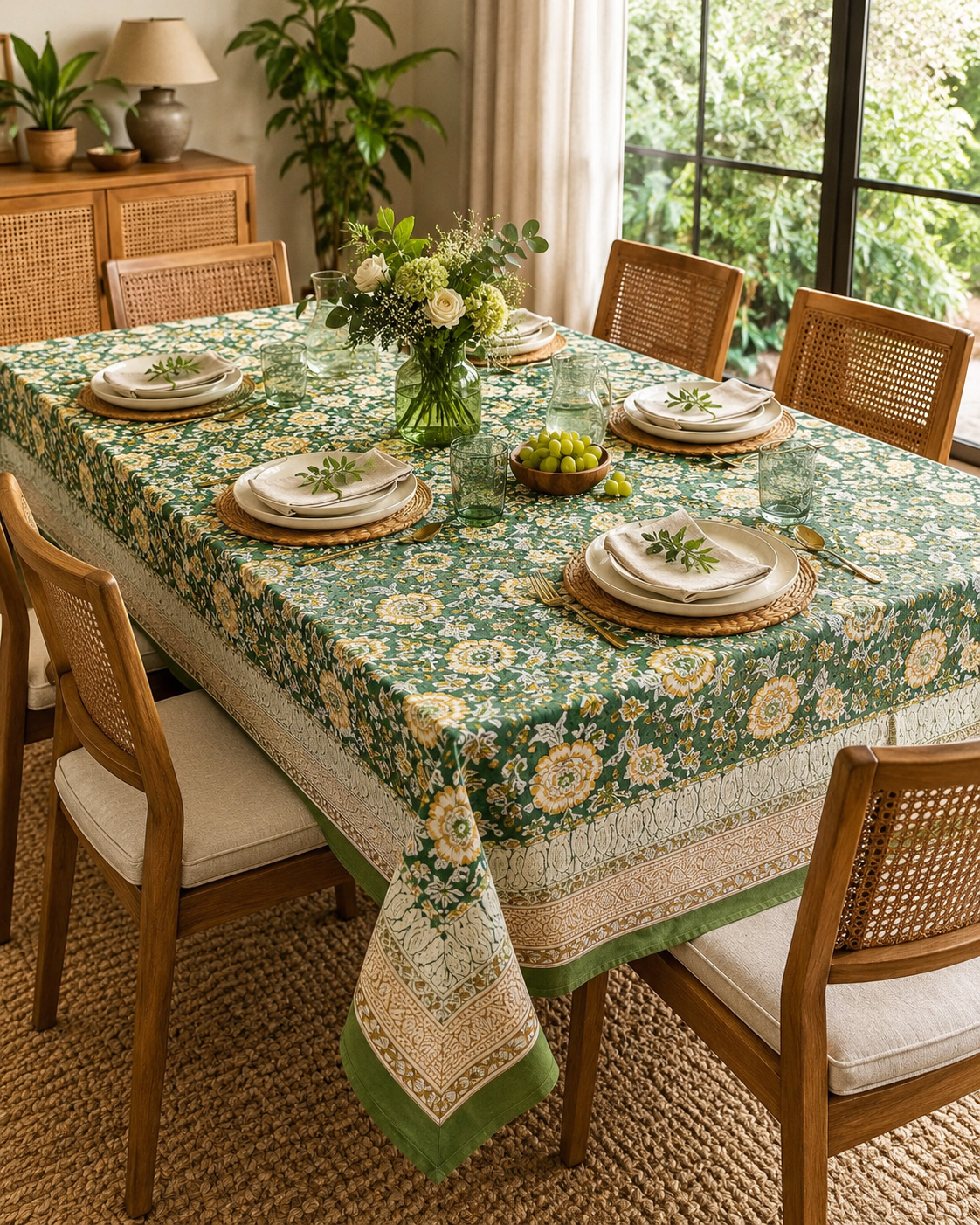 Nappe rectangulaire 6 places en coton Block Print indien vert olive, ocre et écru, avec motifs floraux et bordure décorative.