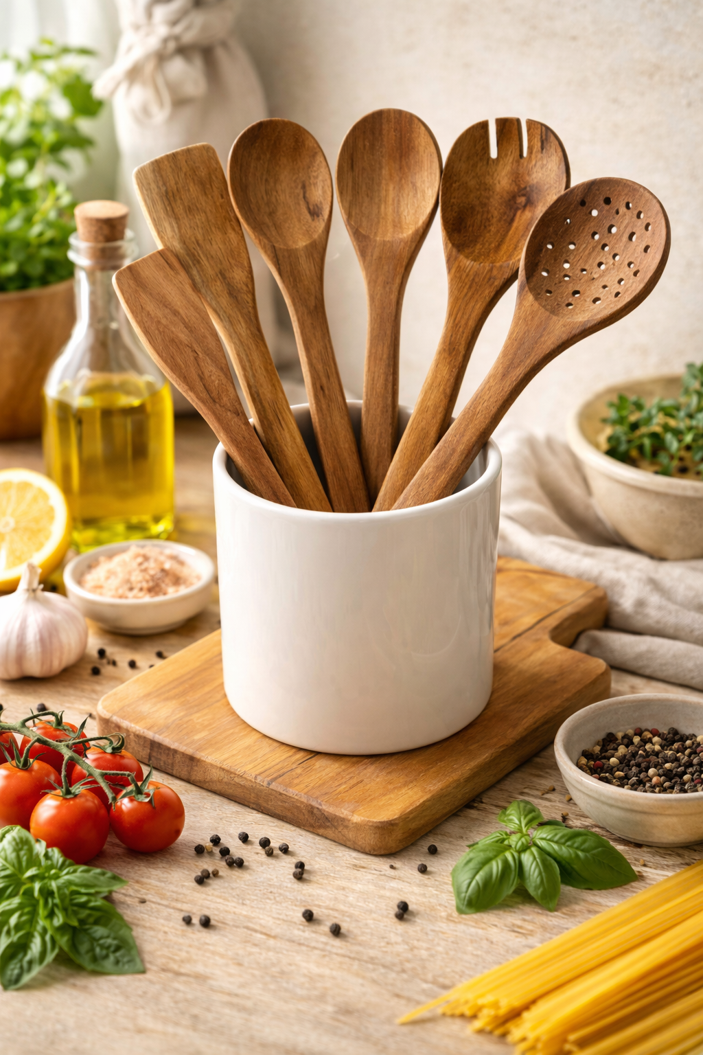 Set de 6 ustensiles de cuisine artisanaux en bois de Neem naturel avec cuillères, spatules, fourchette et écumoire sur fond blanc.