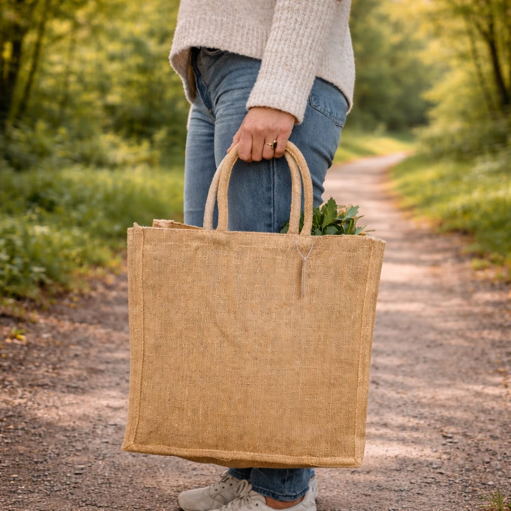 Sac de jute naturel 40 x 43 x 12 cm avec anses rondes, cabas réutilisable pour courses, marché, plage ou boutique.