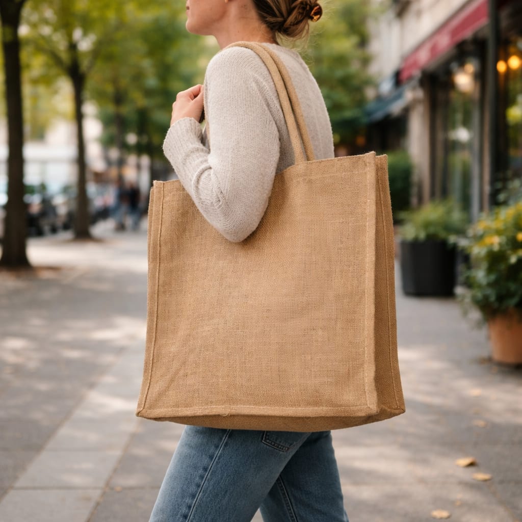 Sac de jute naturel 40 x 43 x 12 cm avec anses rondes, cabas réutilisable pour courses, marché, plage ou boutique.