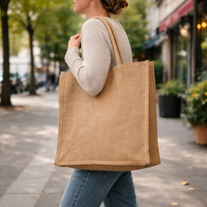Sac de jute naturel 40 x 43 x 12 cm avec anses rondes, cabas réutilisable pour courses, marché, plage ou boutique.