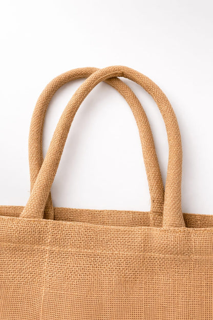 Sac de jute naturel 40 x 43 x 12 cm avec anses rondes, cabas réutilisable pour courses, marché, plage ou boutique.