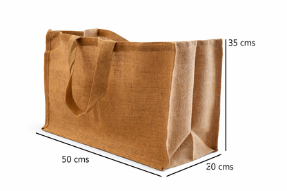 Grand sac cabas en jute naturel 50 x 35 x 20 cm avec anses, présenté sur fond blanc avec indication des dimensions.