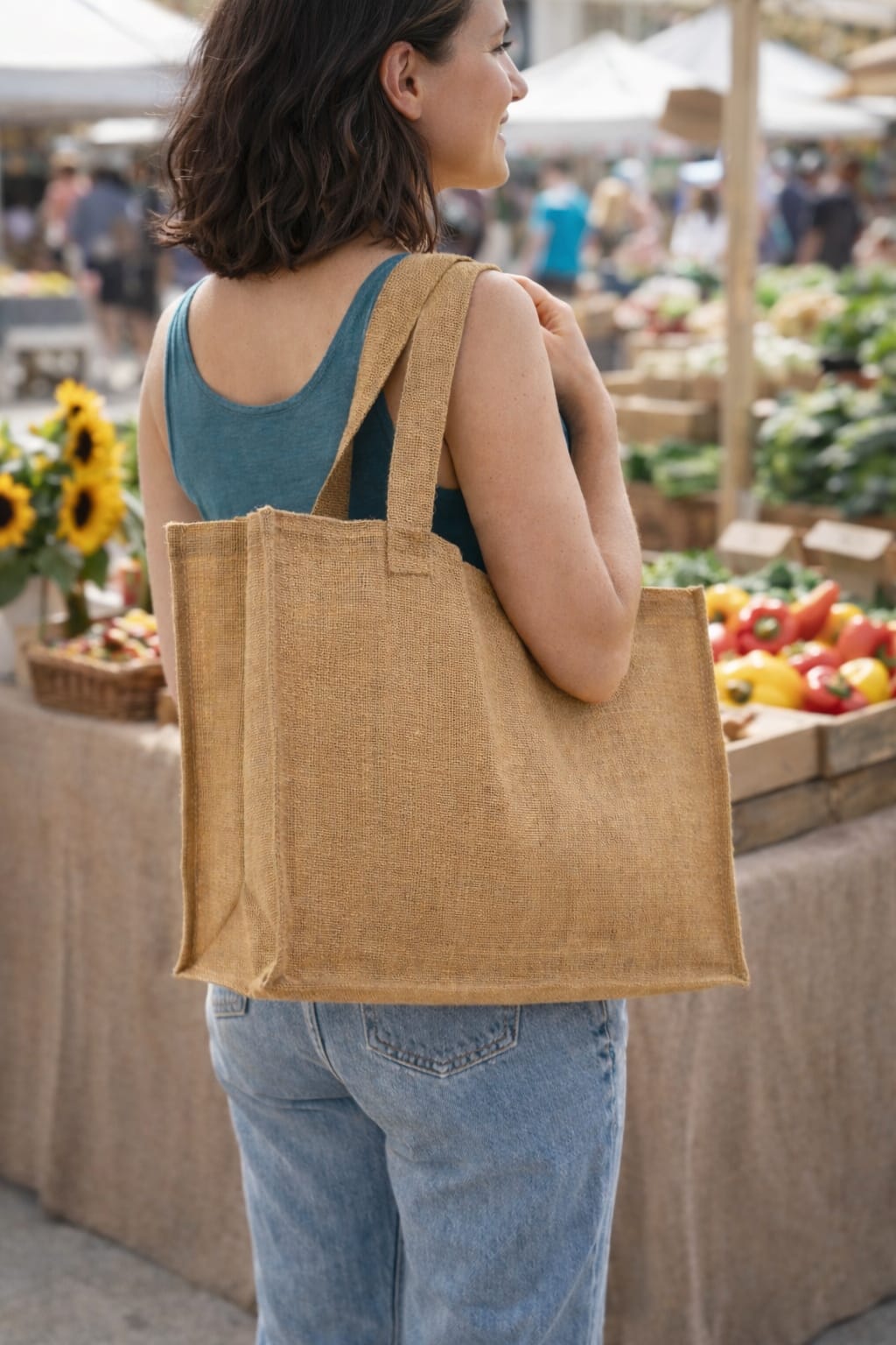 Grand sac cabas en jute naturel 50 x 35 x 20 cm avec anses, présenté sur fond blanc avec indication des dimensions.