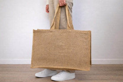 Grand sac cabas en jute naturel 50 x 35 x 20 cm avec anses, présenté sur fond blanc avec indication des dimensions.