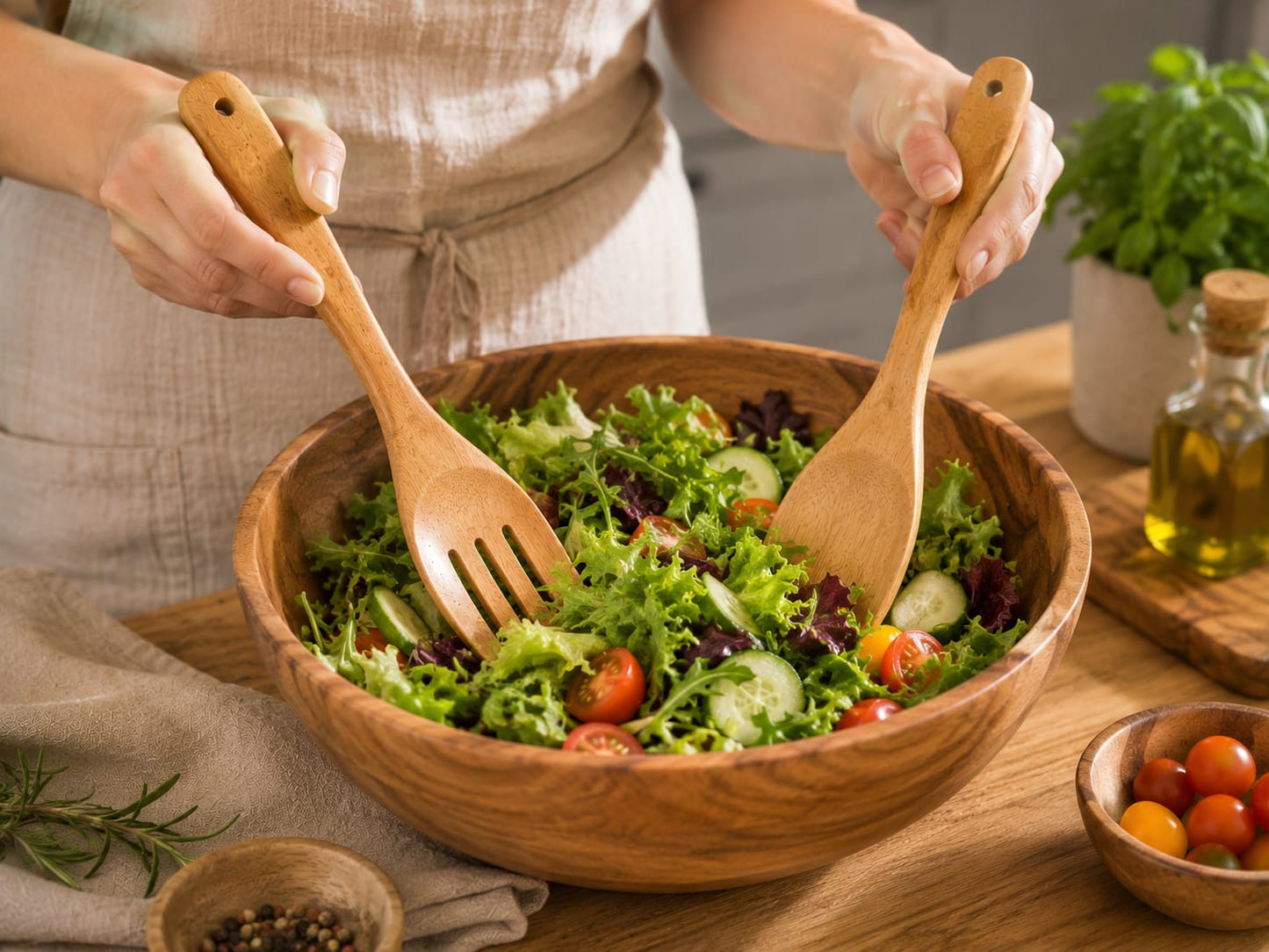 Set de 6 ustensiles de cuisine artisanaux en bois de Neem naturel avec cuillères, spatules, fourchette et écumoire sur fond blanc.