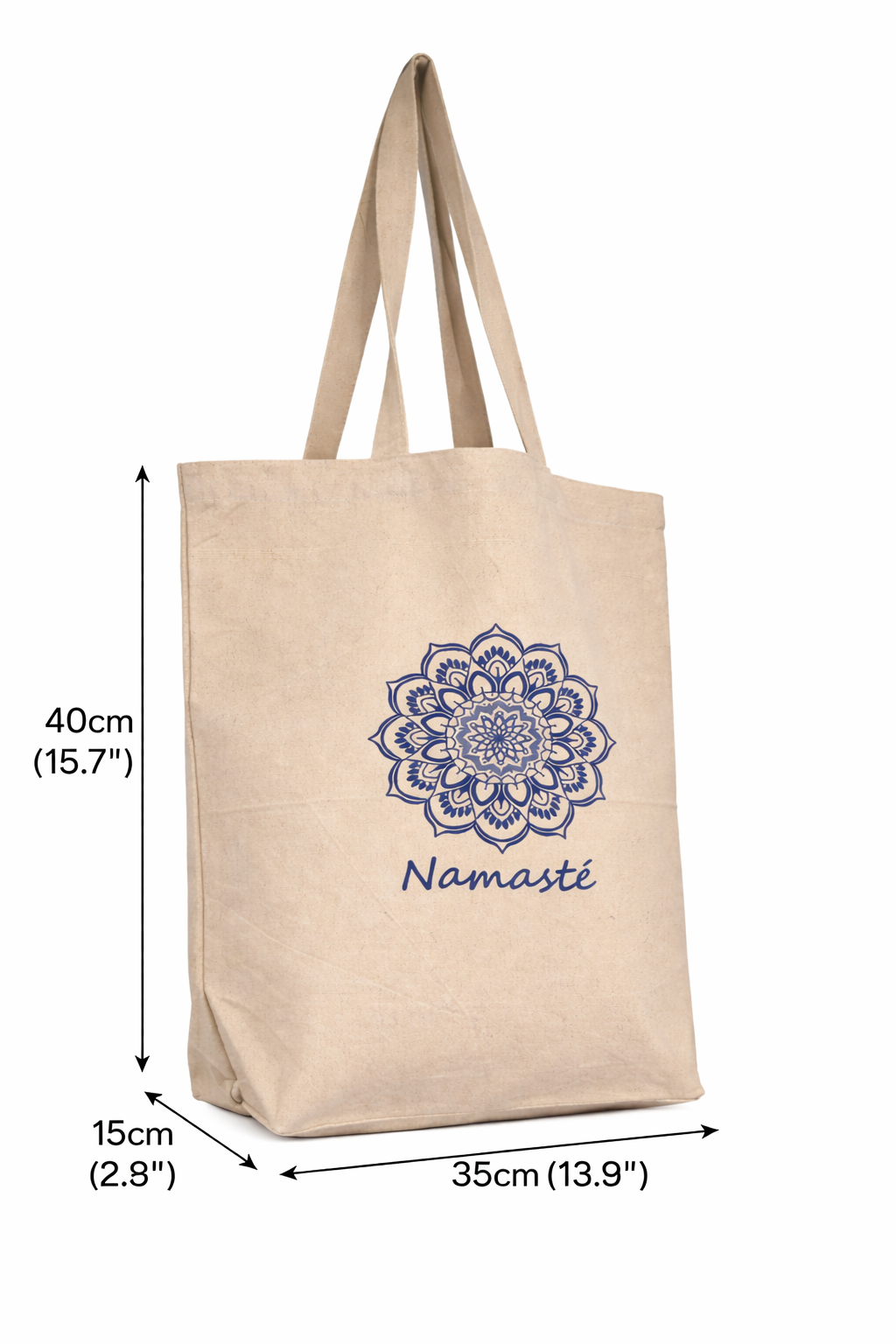 Tote bag Namasté en coton canvas naturel écru avec motif mandala bleu, dimensions 35 x 40 x 15 cm, provenance Kolkata Inde.