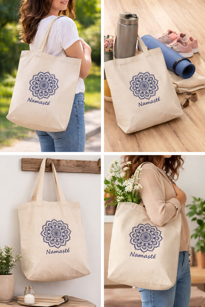 Tote bag Namasté en coton canvas naturel écru avec motif mandala bleu, dimensions 35 x 40 x 15 cm, provenance Kolkata Inde.