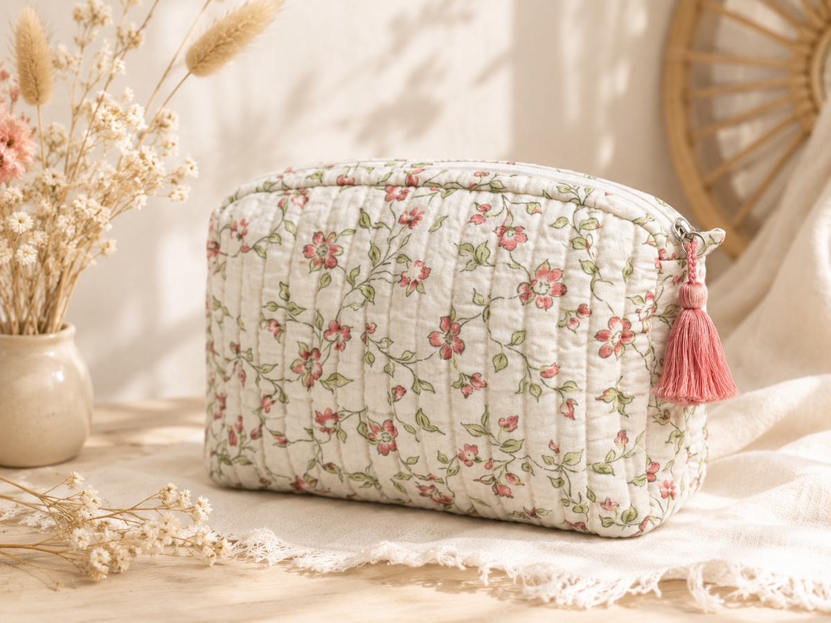 Trousse de toilette matelassée écrue à motif petites fleurs roses et pompon rose From India Boutique