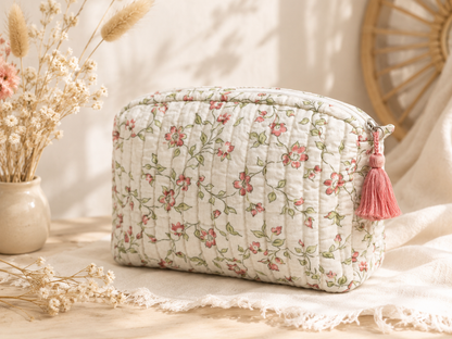 Trousse de toilette matelassée écrue à motif petites fleurs roses et pompon rose From India Boutique