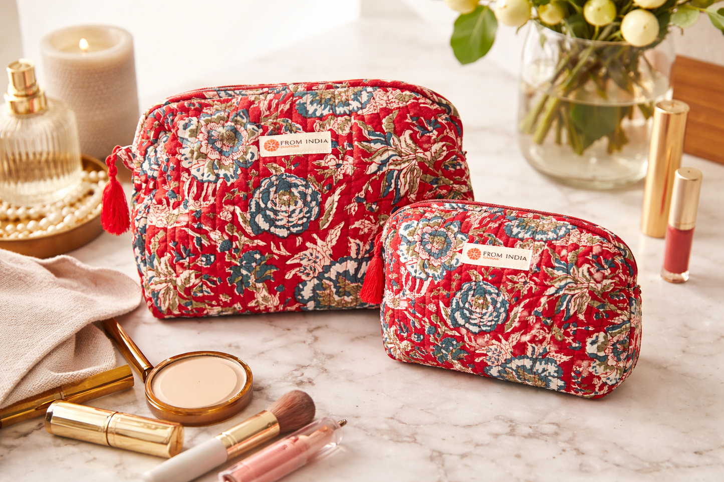 Trousse de toilette matelassée Block Print rouge floral – 2 tailles