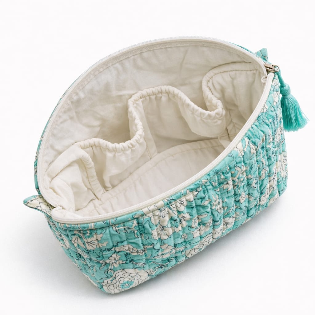 Trousse de toilette matelassée turquoise à motif floral blanc et bleu clair avec pompon turquoise From India Boutique