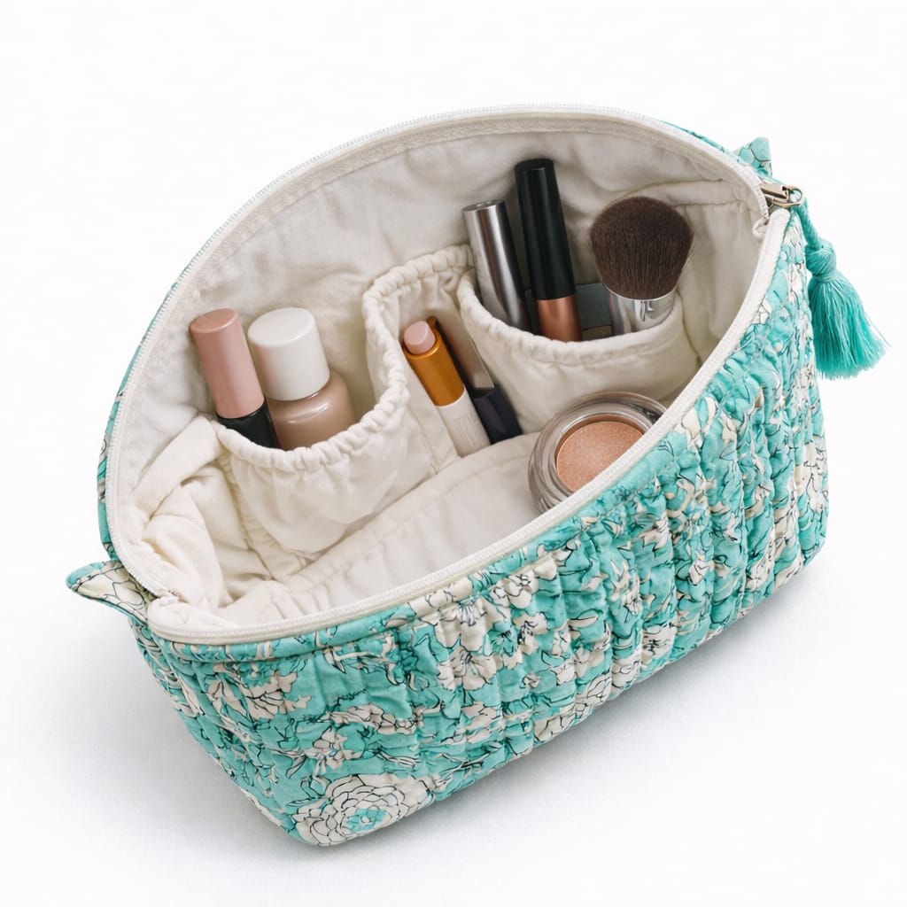 Trousse de toilette matelassée turquoise à motif floral blanc et bleu clair avec pompon turquoise From India Boutique